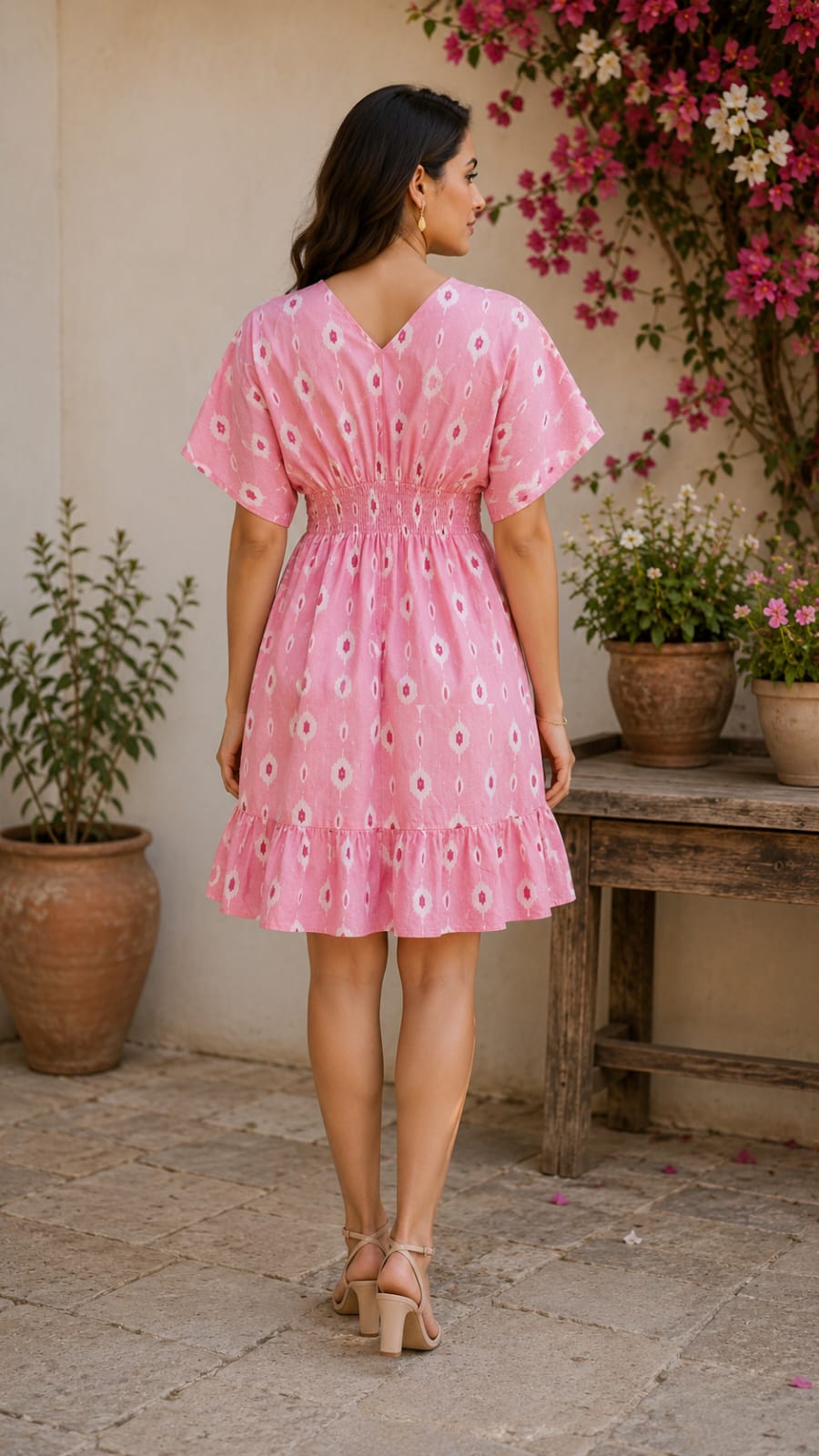 Women Pink Ikat Printed Smocked Waist Ruffle Hem Dress