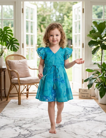 Baby Girls Blue Marbel Printed Cotton Umbrella Style A-Line Dress with Flutter Sleeves