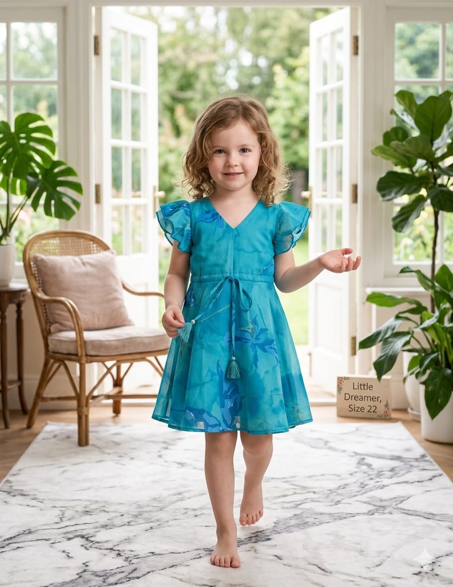 Baby Girls Blue Marbel Printed Cotton Umbrella Style A-Line Dress with Flutter Sleeves