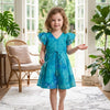 Baby Girls Blue Marbel Printed Cotton Umbrella Style A-Line Dress with Flutter Sleeves