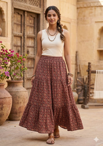 Women’s Maroon Paisley Printed Cotton Tiered Maxi Skirt