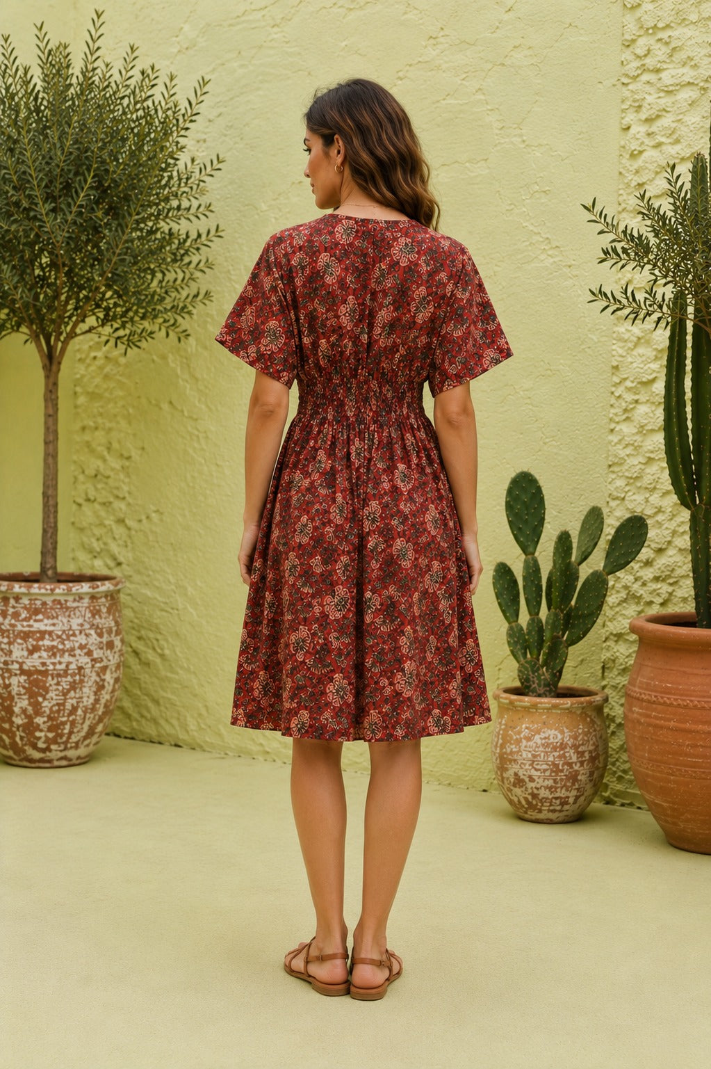 Women Maroon Floral Printed Smocked Waist Flared Midi Dress