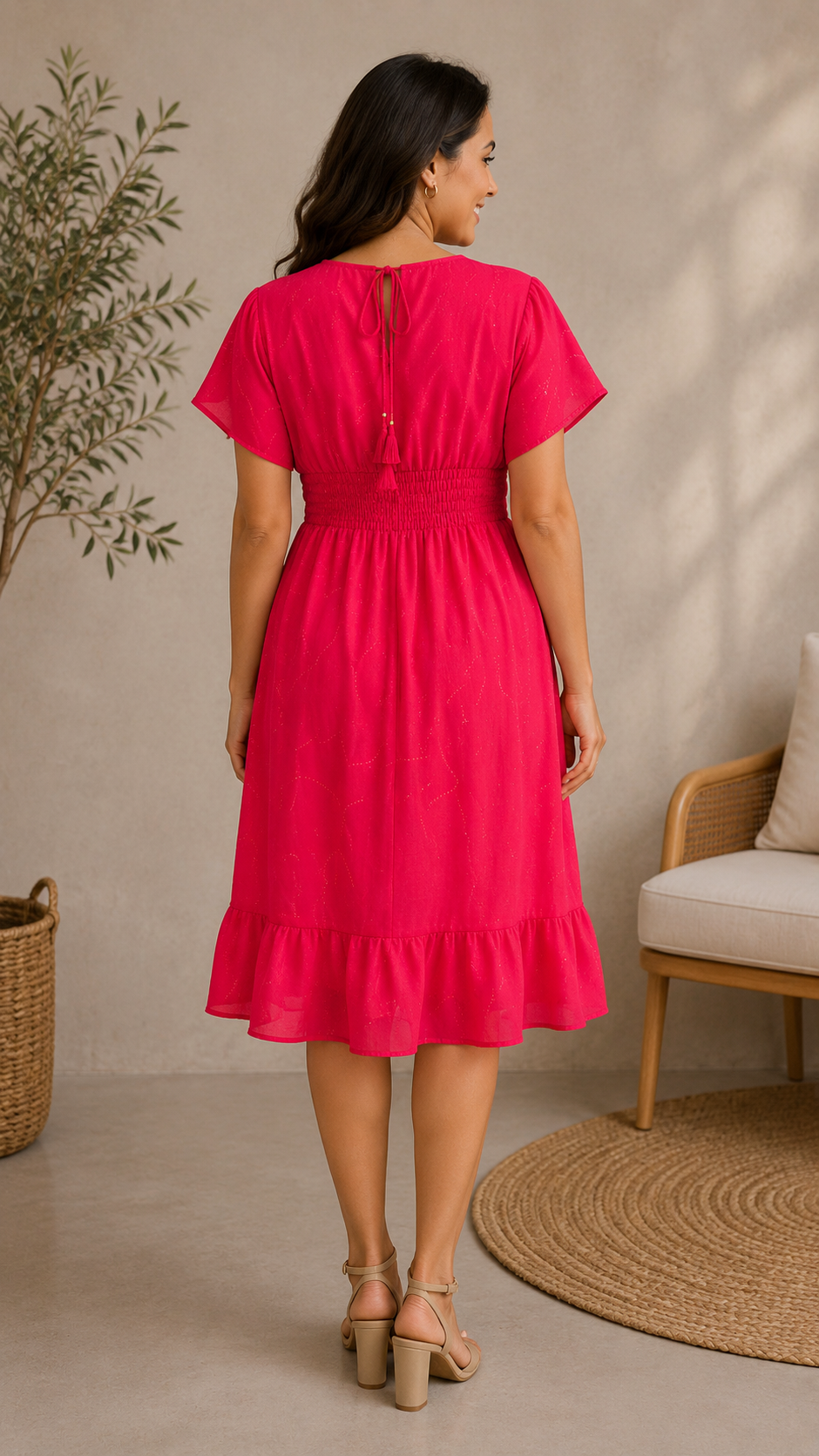 Women Pink Solid Smocked Waist Flared Midi Dress with Tassel Tie-Up Neckline