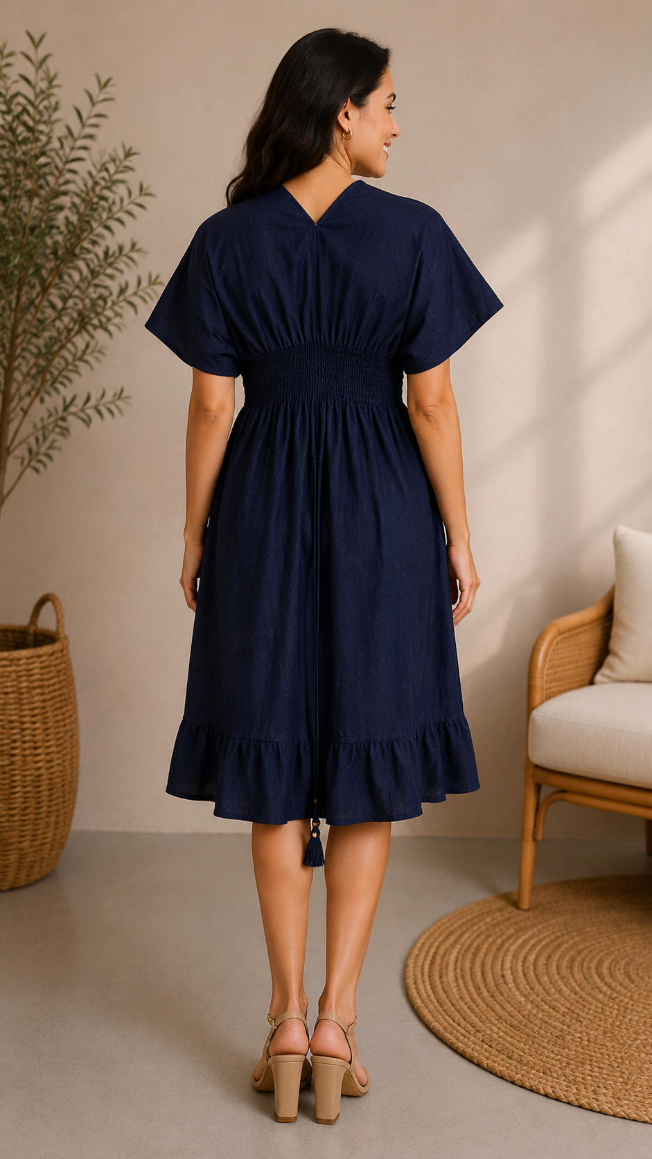 Women Solid Navy Blue Smocked Waist Flared Midi Dress