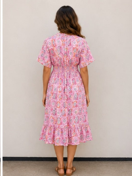 Women Pink Ethnic Printed Tiered Flared Midi Dress