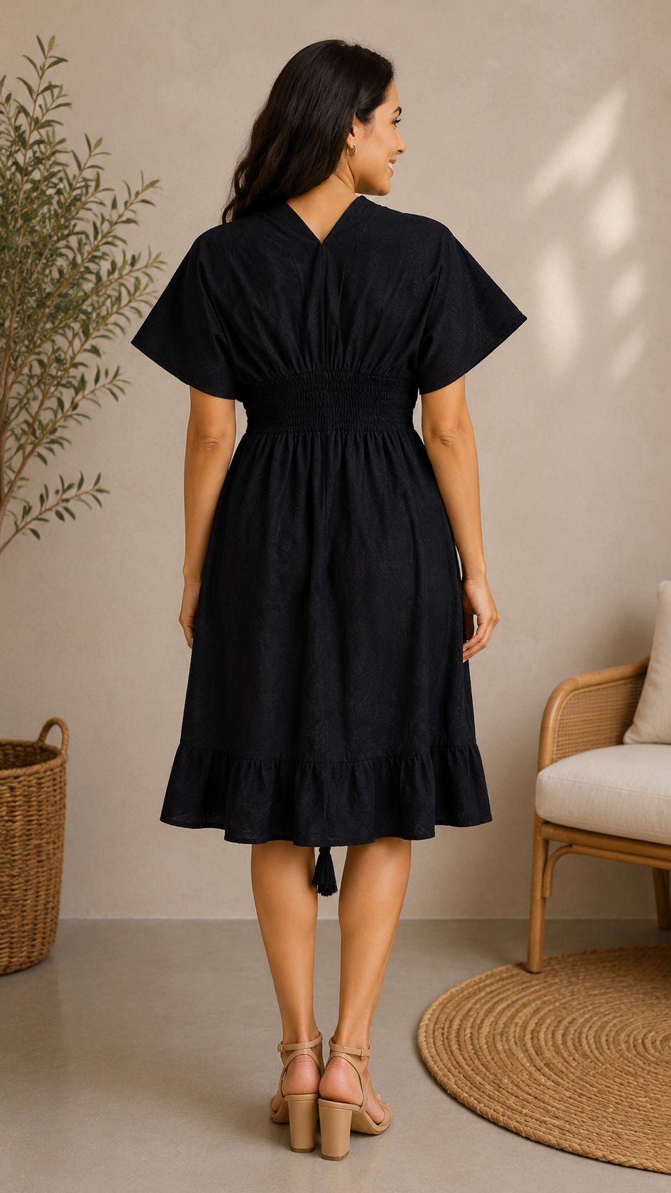 Women Solid Black Smocked Waist Flared Midi Dress