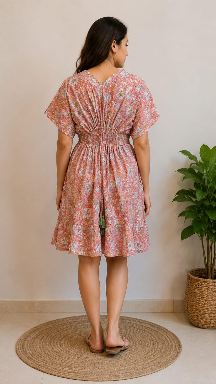 Women Pink Floral Printed Smocked Waist Flared Midi Dress