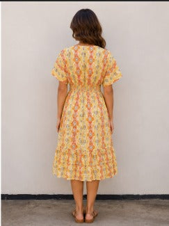 Women Yellow Floral Printed Tiered Flared Midi Dress