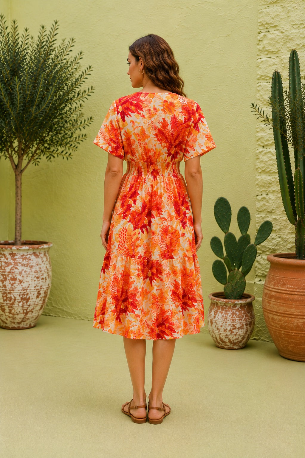 Women Orange Floral Printed Smocked Waist Flared Mini Dress