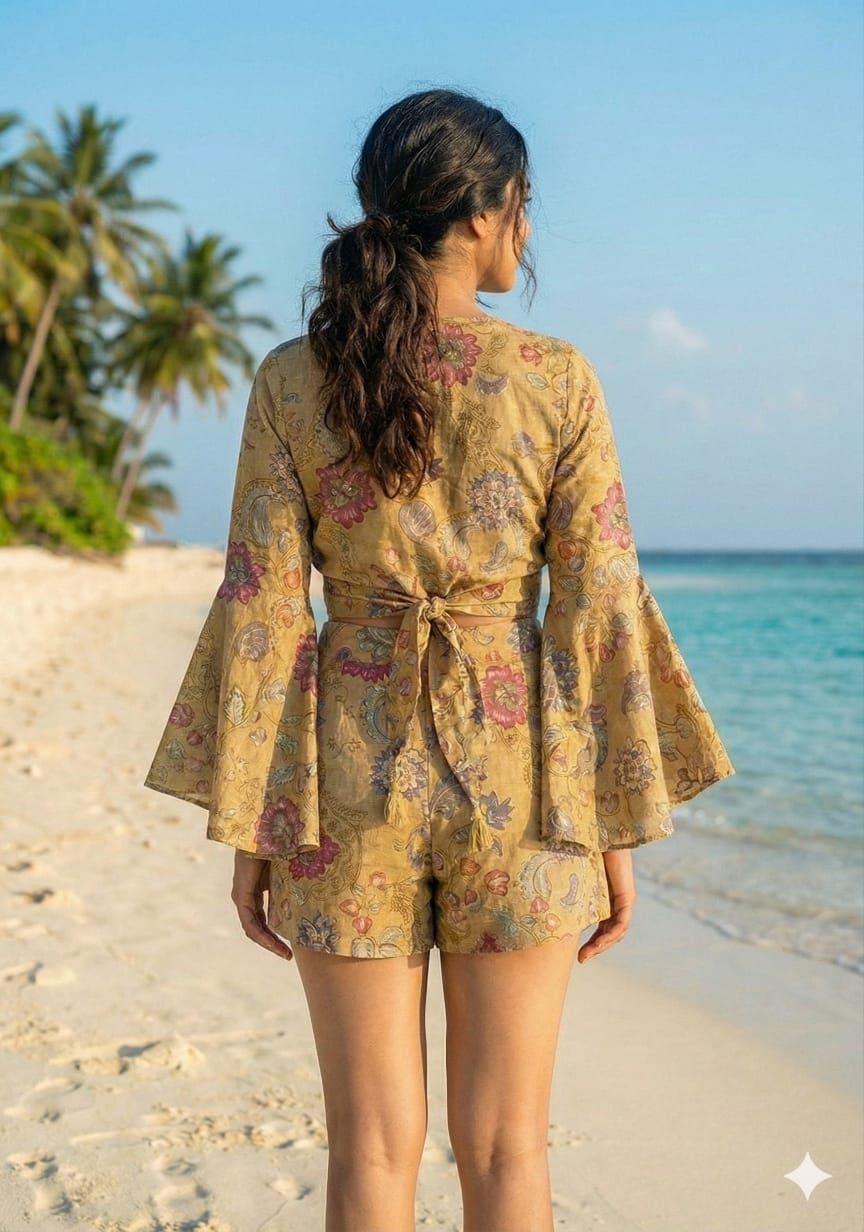 Women’s Mehandi Floral Printed Cotton Beach Wear Set with Tie-Up Top & Shorts