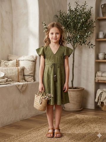Baby Girls Mehandi Rayon Umbrella Style A-Line Dress with Drawstring Waist