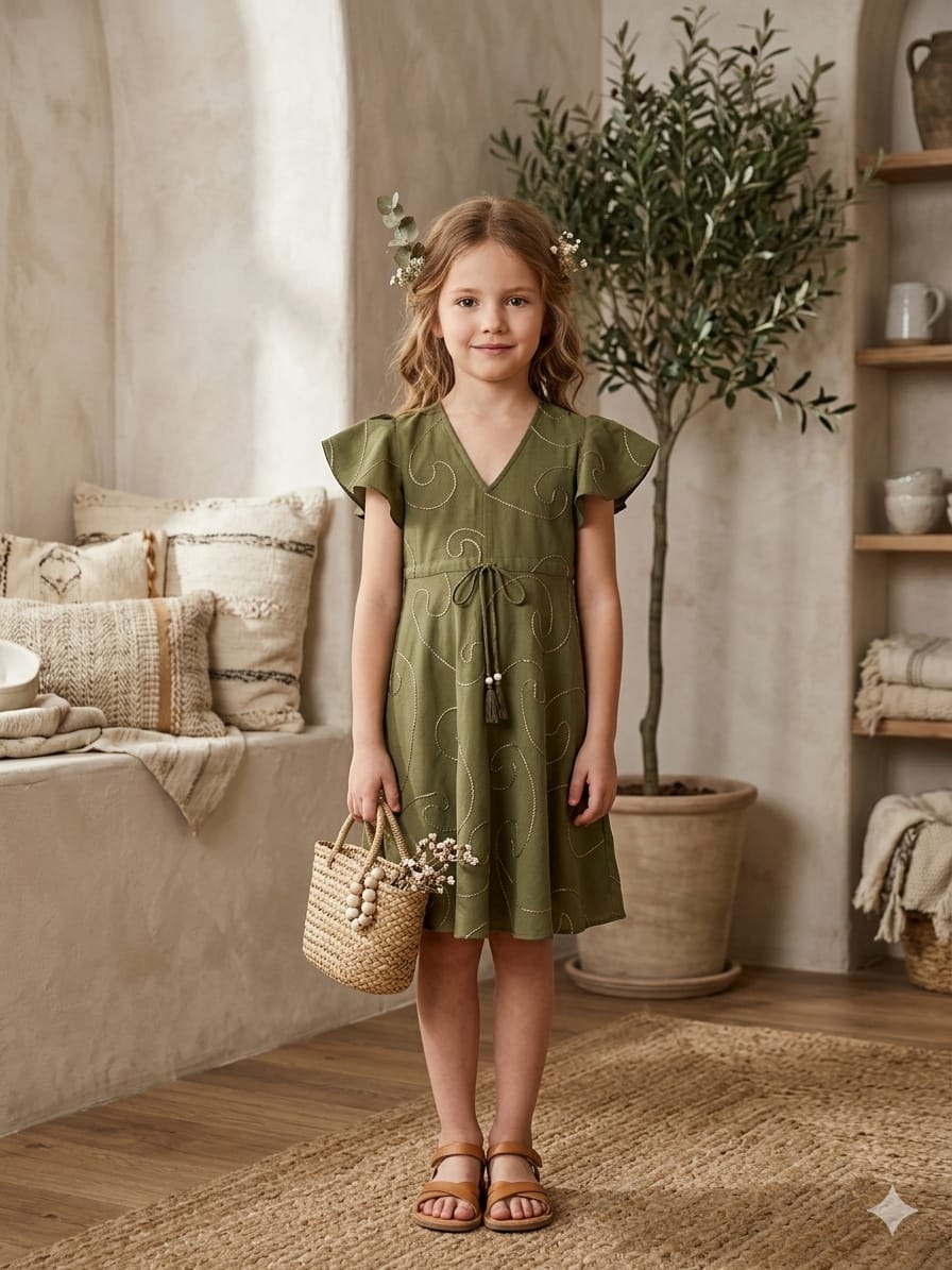 Baby Girls Mehandi Rayon Umbrella Style A-Line Dress with Drawstring Waist