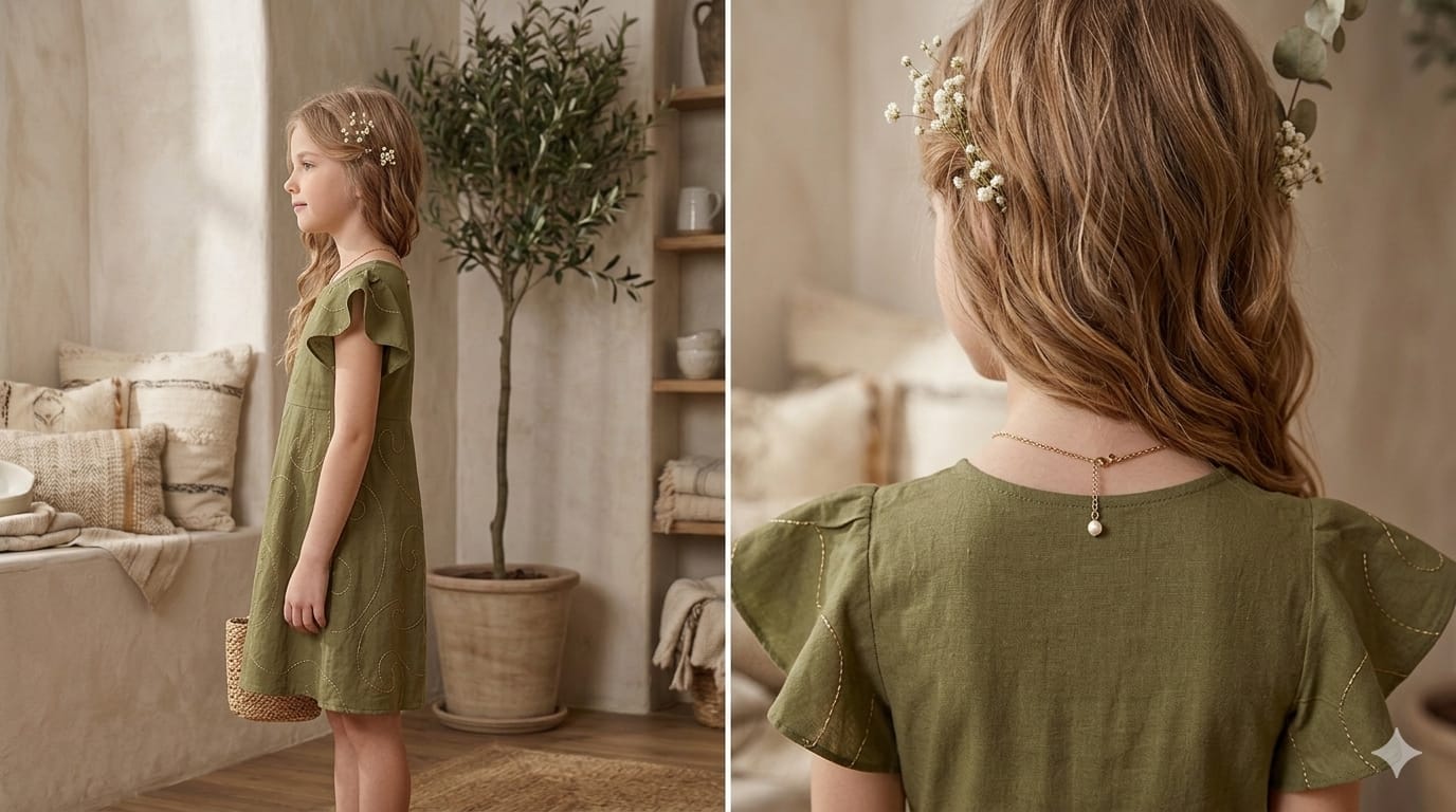 Baby Girls Mehandi Rayon Umbrella Style A-Line Dress with Drawstring Waist
