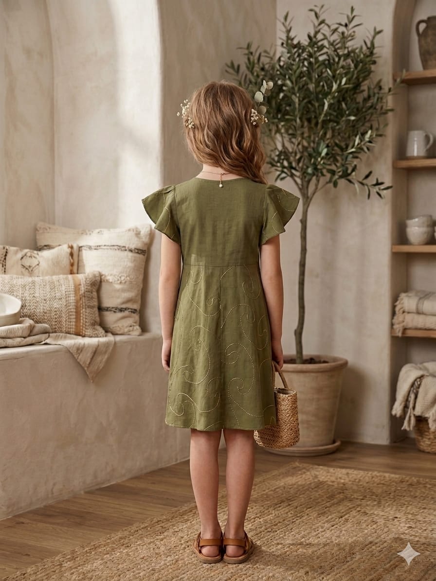 Baby Girls Mehandi Rayon Umbrella Style A-Line Dress with Drawstring Waist