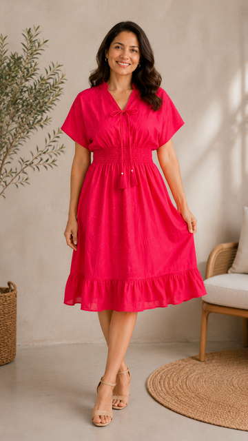 Women Pink Solid Smocked Waist Flared Midi Dress with Tassel Tie-Up Neckline
