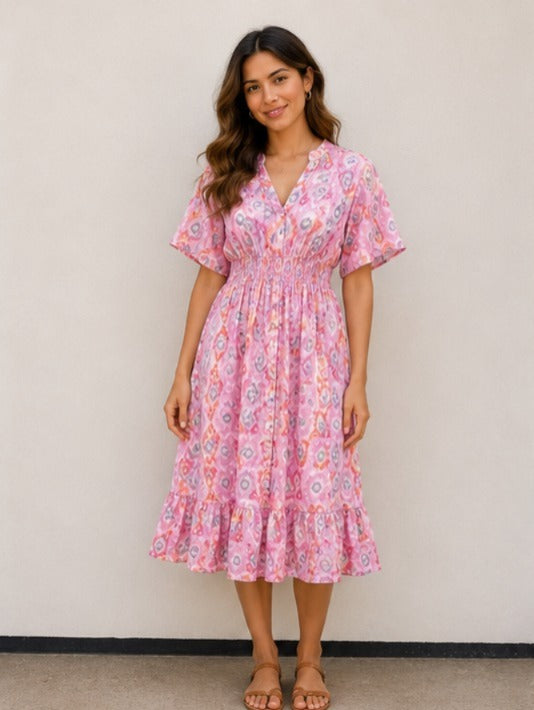Women Pink Ethnic Printed Tiered Flared Midi Dress