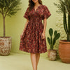 Women Maroon Floral Printed Smocked Waist Flared Midi Dress