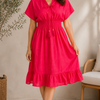Women Pink Solid Smocked Waist Flared Midi Dress with Tassel Tie-Up Neckline