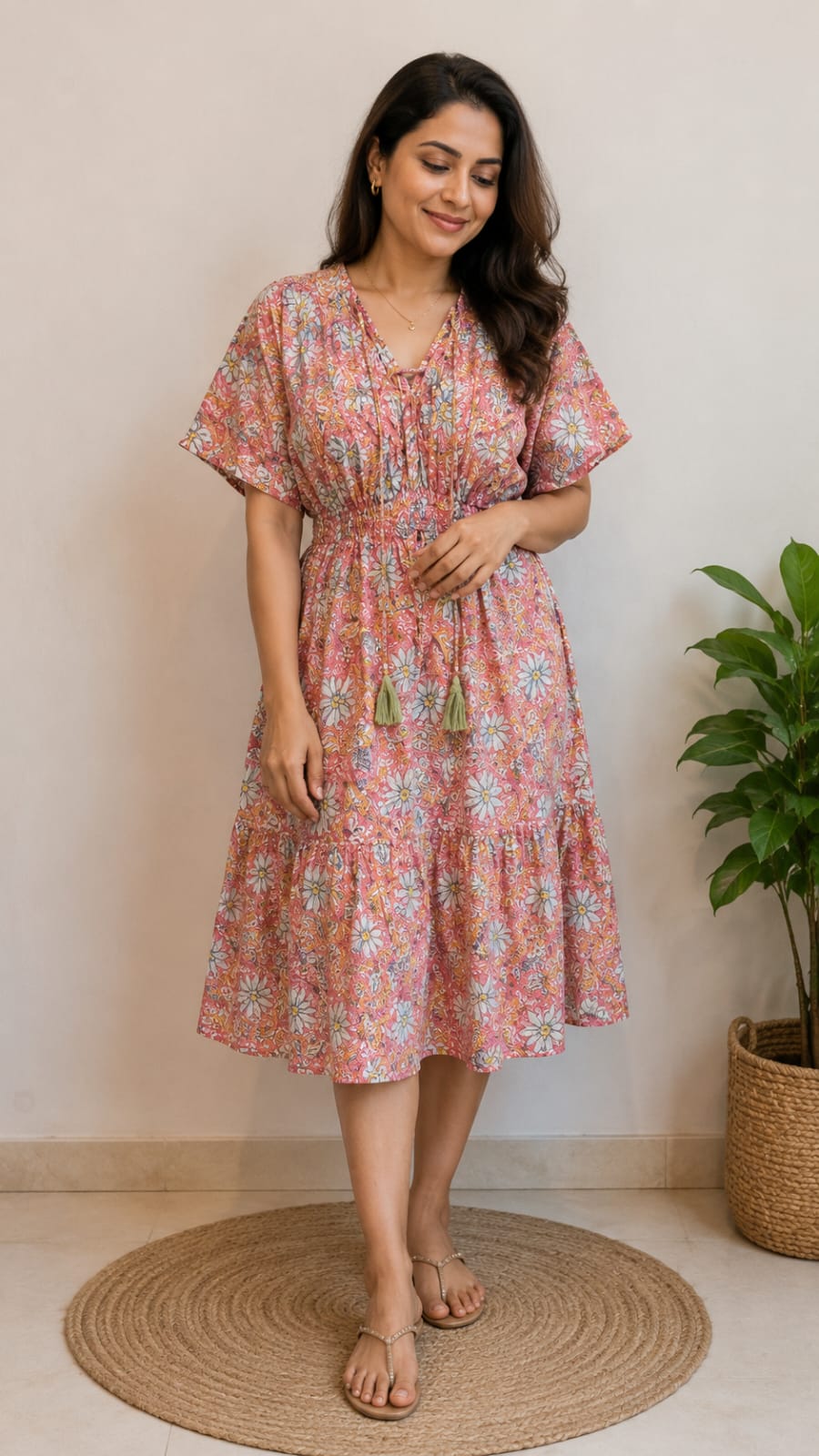 Women Pink Floral Printed Smocked Waist Flared Midi Dress