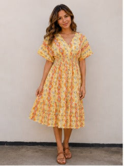 Women Yellow Floral Printed Tiered Flared Midi Dress