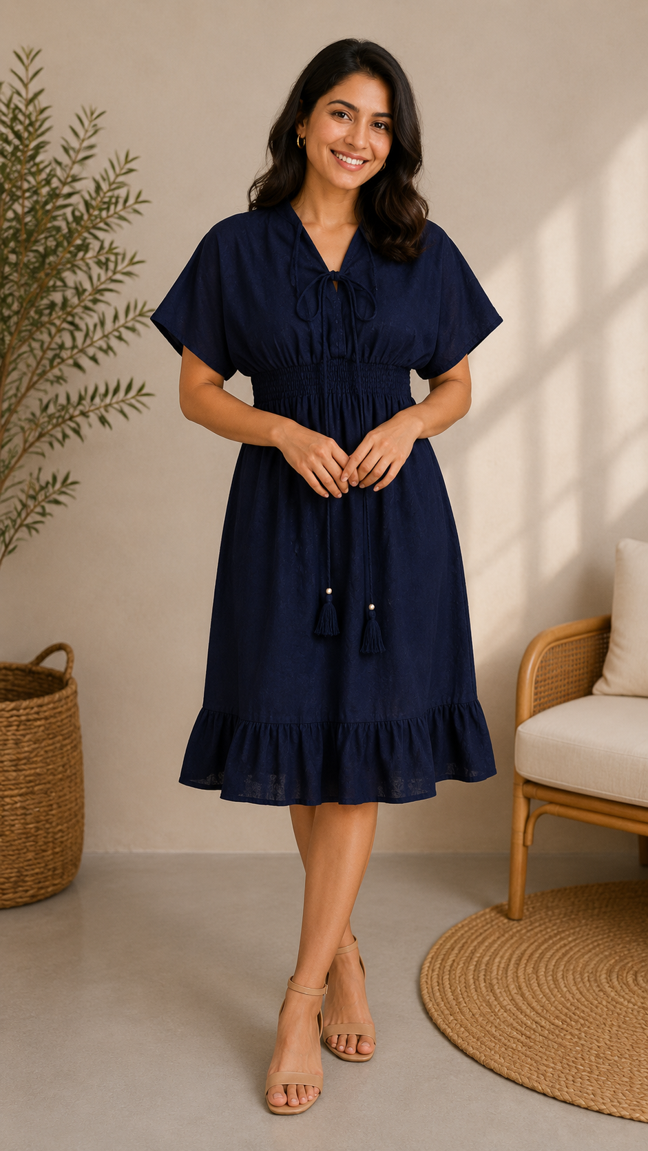 Women Solid Navy Blue Smocked Waist Flared Midi Dress