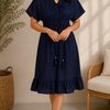 Women Solid Navy Blue Smocked Waist Flared Midi Dress