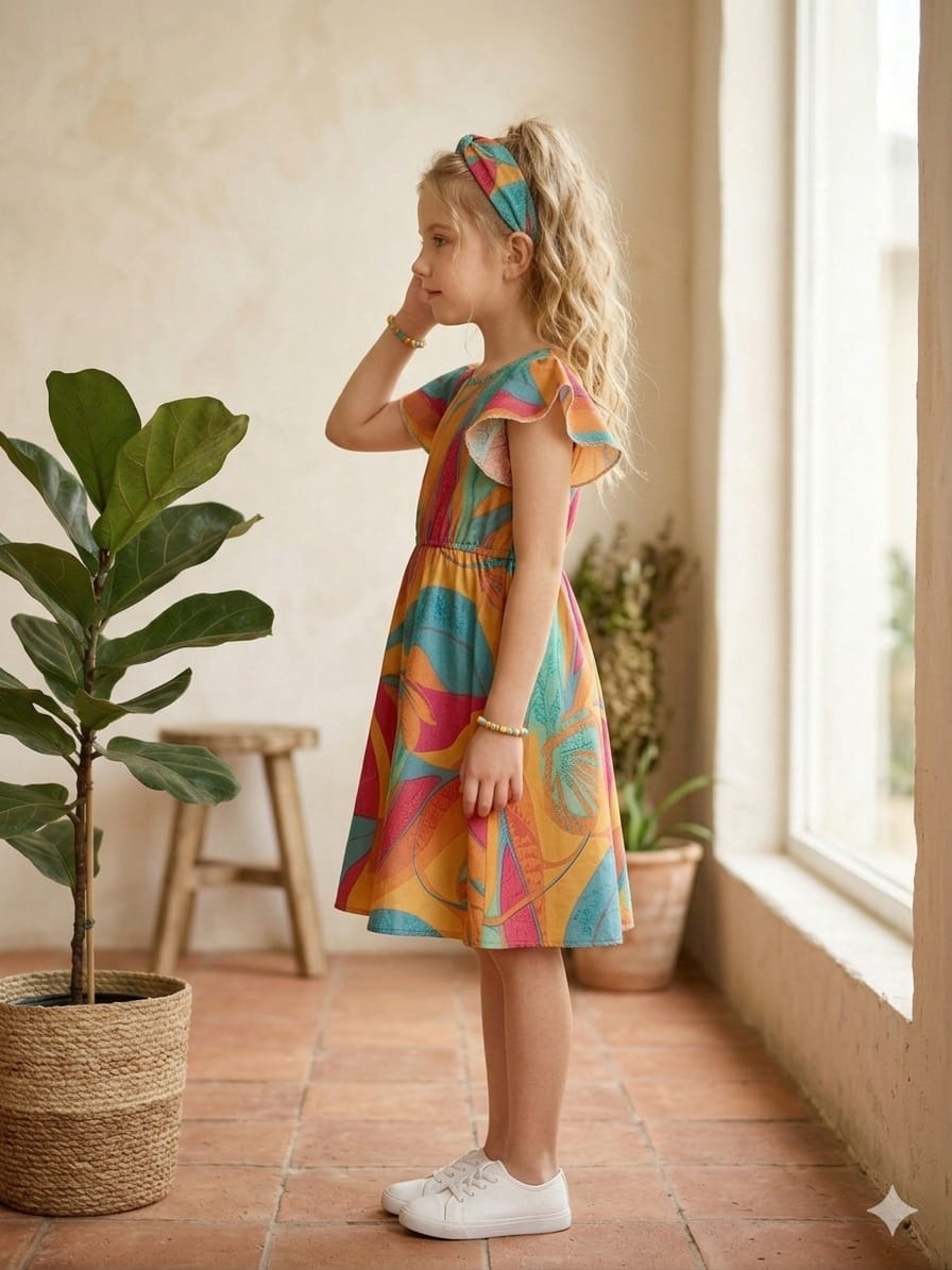 Baby Girls Multicolor Tropical Leaf Printed Cotton Umbrella Style A-Line Dress with Flutter Sleeves