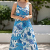 Women’s Cotton Blue Modern Chintz Printed Strappy Midi A-Line Dress with Back Bobbin Style