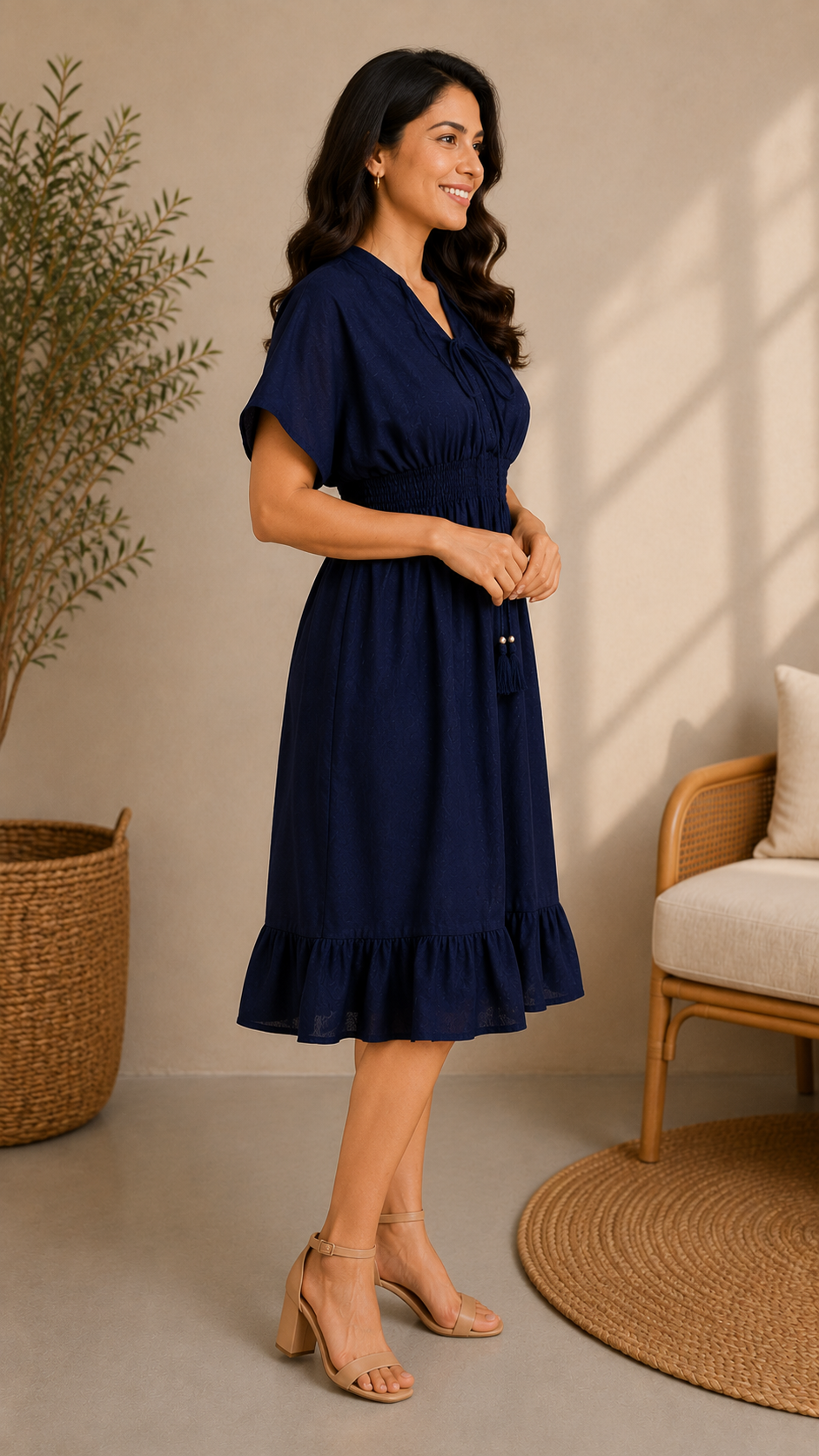 Women Solid Navy Blue Smocked Waist Flared Midi Dress