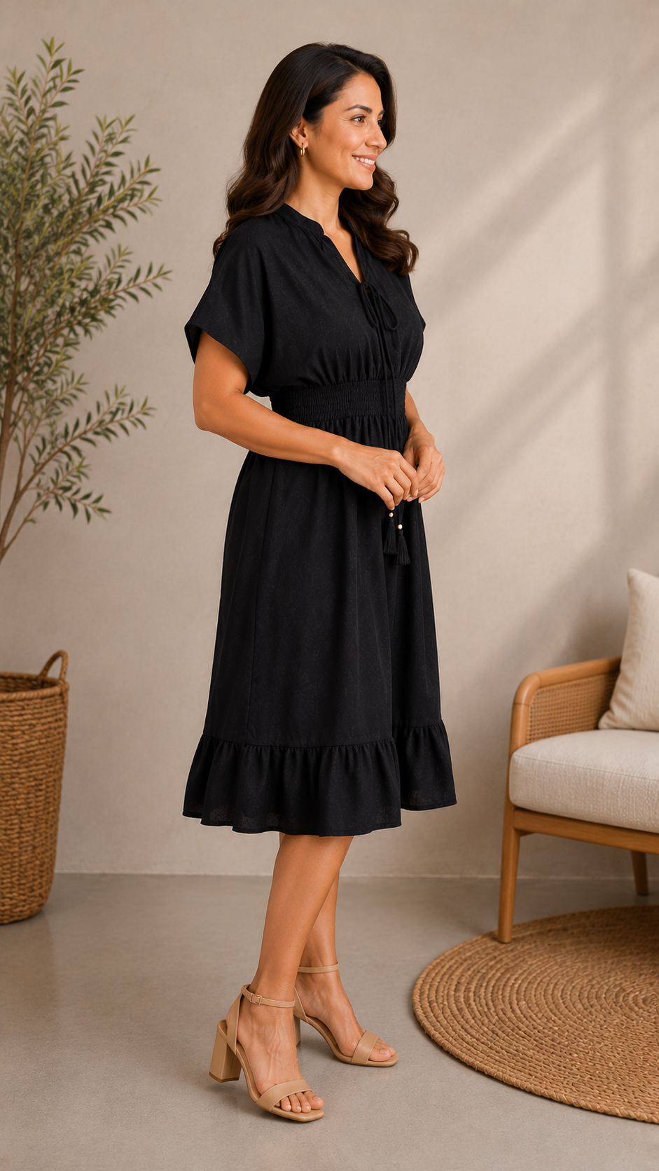 Women Solid Black Smocked Waist Flared Midi Dress