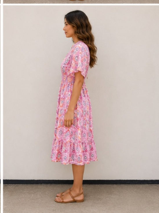 Women Pink Ethnic Printed Tiered Flared Midi Dress