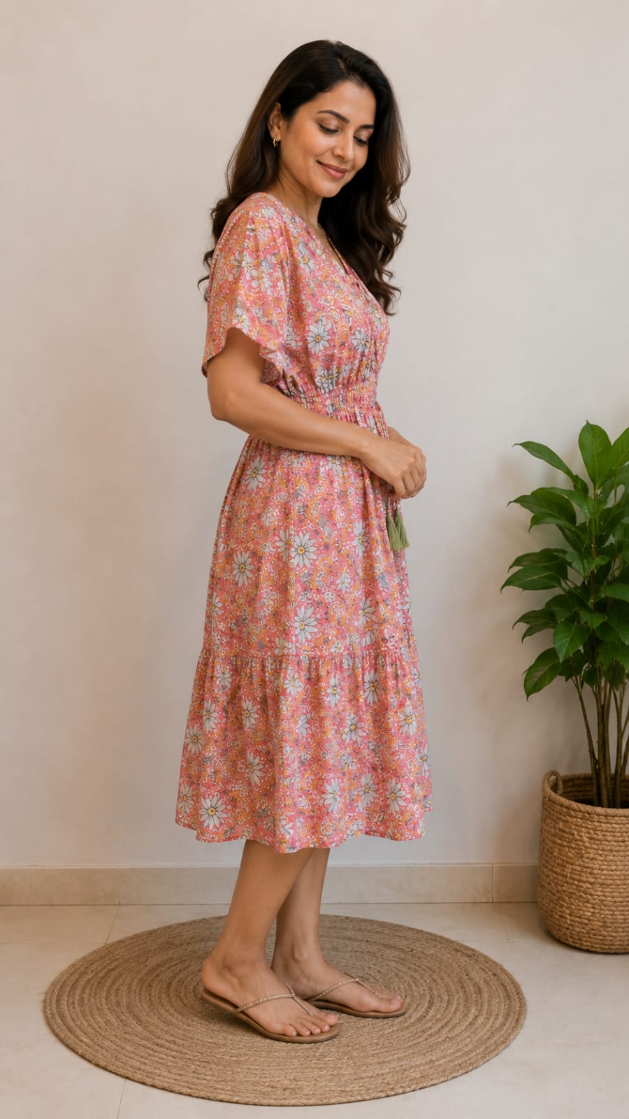 Women Pink Floral Printed Smocked Waist Flared Midi Dress
