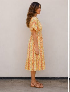 Women Yellow Floral Printed Tiered Flared Midi Dress