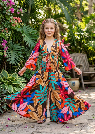 Baby Girls Multicolor Leaf Printed Tie-Front Crop Top & Flared Palazzo Pant Co-ord Set
