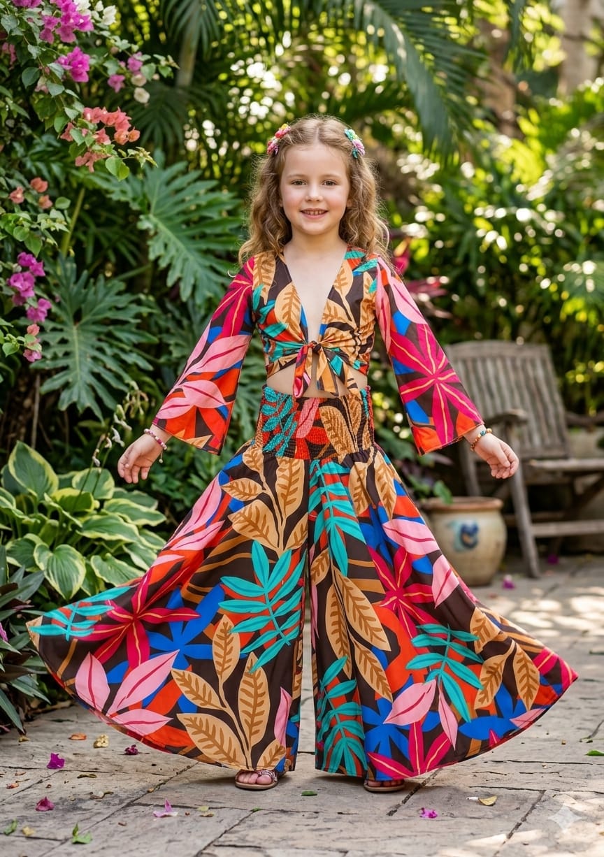 Baby Girls Multicolor Leaf Printed Tie-Front Crop Top & Flared Palazzo Pant Co-ord Set