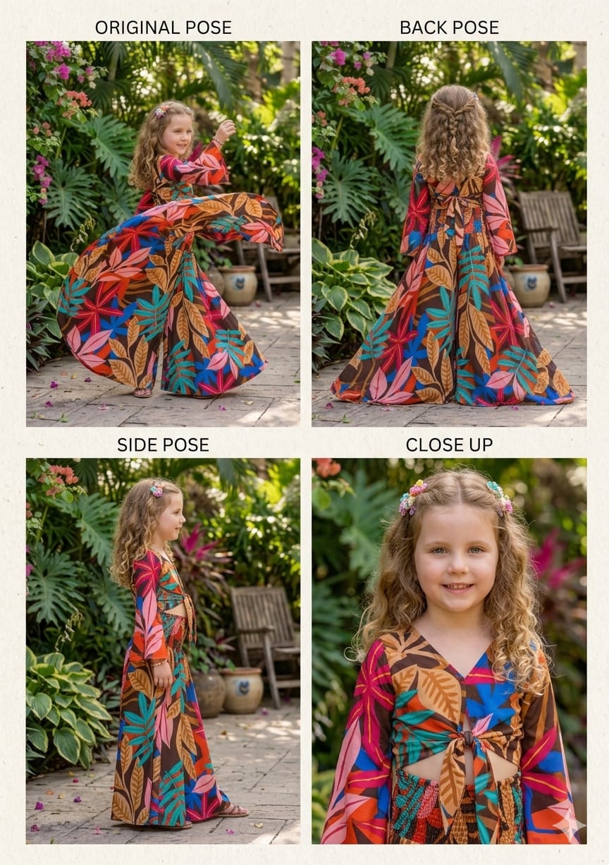 Baby Girls Multicolor Leaf Printed Tie-Front Crop Top & Flared Palazzo Pant Co-ord Set