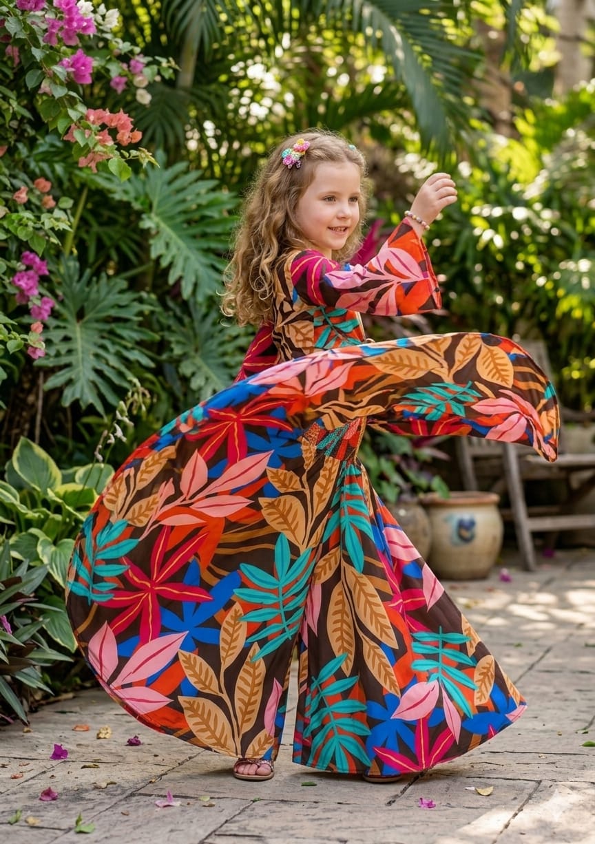 Baby Girls Multicolor Leaf Printed Tie-Front Crop Top & Flared Palazzo Pant Co-ord Set