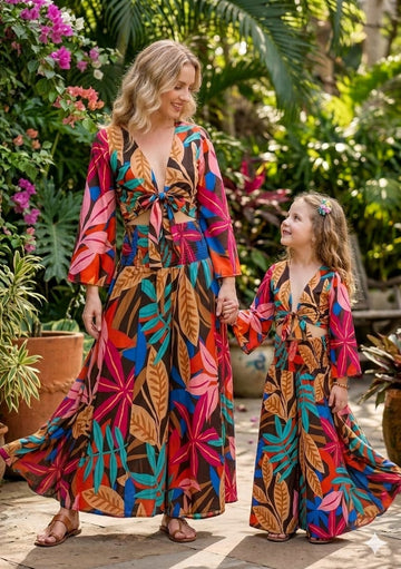 Mom & Me Multicolor Leaf Printed Cotton Tie-Front Crop Top & Flared Palazzo Pant Co-ord Set
