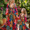 Mom & Me Multicolor Leaf Printed Cotton Tie-Front Crop Top & Flared Palazzo Pant Co-ord Set