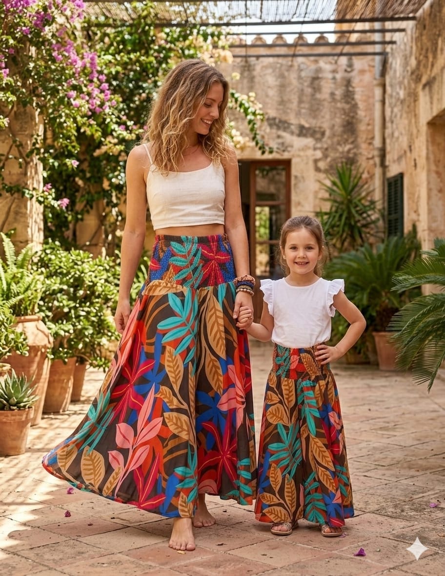 Mom & Daughter Multicolor Leaf Printed Cotton Flared Palazzo Pants with Smocked Waist