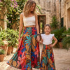 Mom & Daughter Multicolor Leaf Printed Cotton Flared Palazzo Pants with Smocked Waist