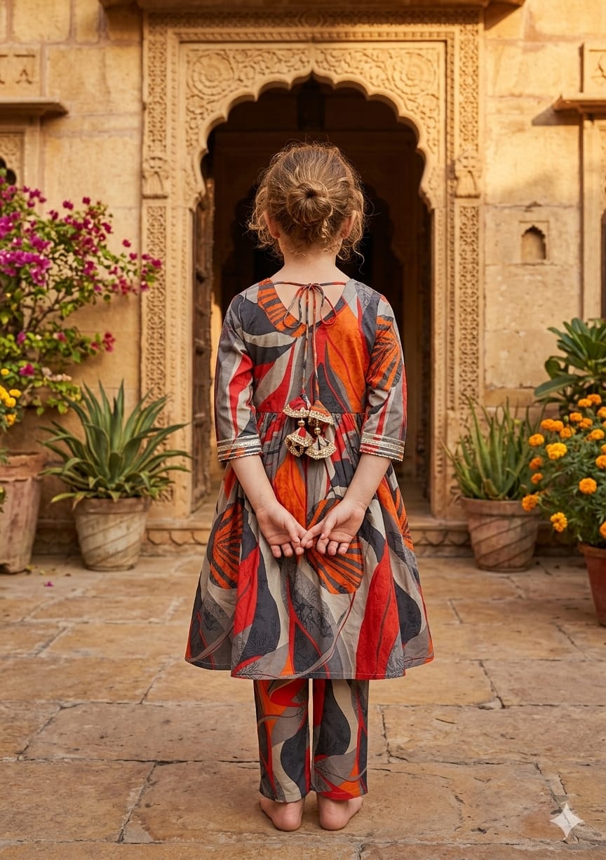 Baby Girl Multicolor Black Leaf Print Cotton Anarkali Kurta Set