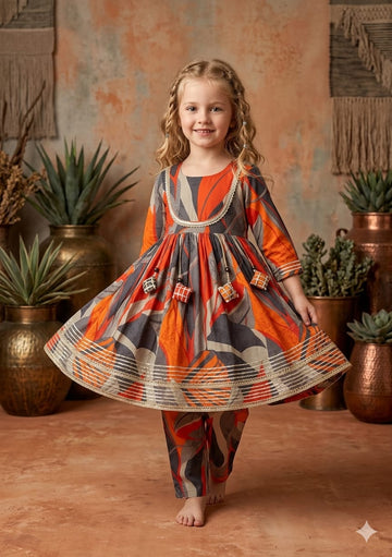 Baby Girl Multicolor Black Leaf Print Cotton Anarkali Kurta Set