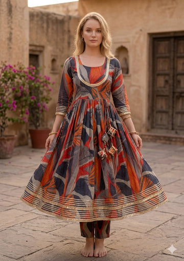 Women’s Multicolor Black Leaf Print Cotton Anarkali Kurta Set