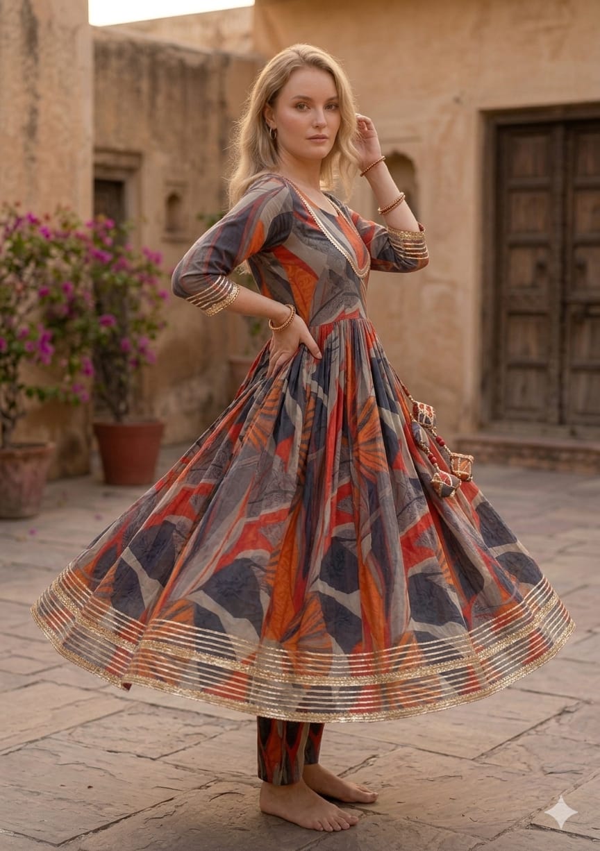 Women’s Multicolor Black Leaf Print Cotton Anarkali Kurta Set