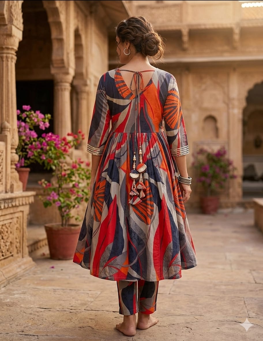 Women’s Multicolor Black Leaf Print Cotton Anarkali Kurta Set