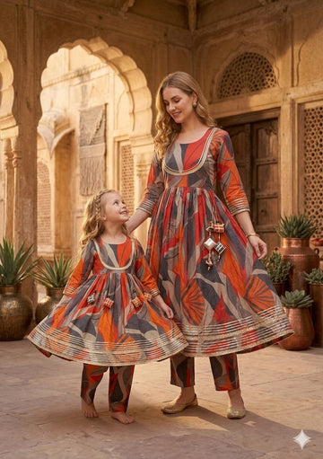 Mom & Daughter Multicolor Black Leaf Print Cotton Anarkali Kurta Set