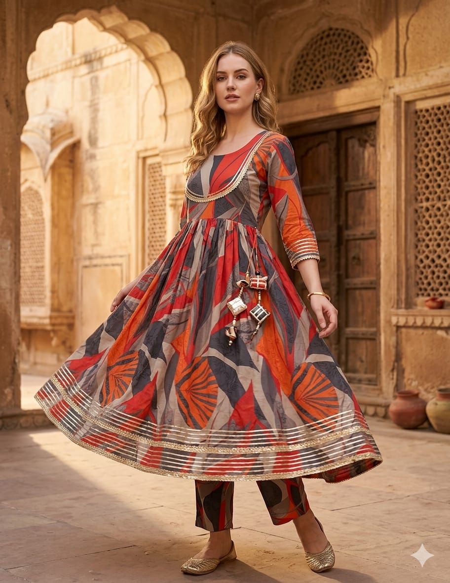 Women’s Multicolor Black Leaf Print Cotton Anarkali Kurta Set