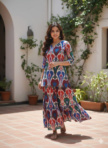 Women’s Multicolor Ikat Print Cotton Kurta with Flared Skirt