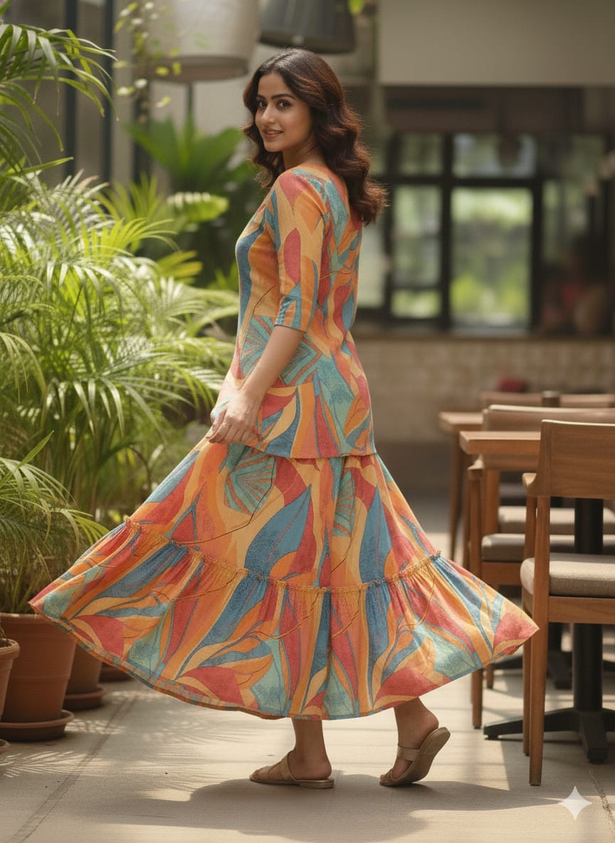 Women’s Multicolor Leaf Printed Cotton Kurta with Flared Skirt Set